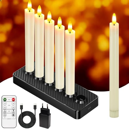 HL Aufladbare LED Stabkerzen mit Timerfunktion, Ladestation & Fernbedienung –3D-Docht Flackernde flammenlose Kerzen Warmes Licht für Weihnachtsdeko,Hochzeit,Zimmer Deko（Elfenbeinweiß, 25 x 2 cm）