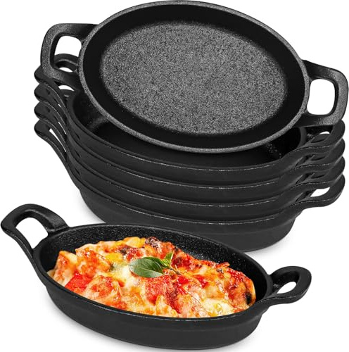 JTKDG 6 Pcs Mini Cast Iron Skillet 15.4 x 9.6 cm Small Oval Skillets Cast Iron Cookware 8 oz Single Serve Dish Pans Casserole Dish for Kitchen Restaurant Baking Roasting Cooking Grilling Ramekins