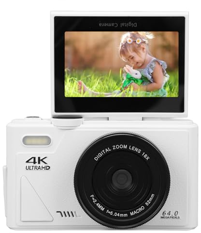 Plyisty Cámara Digital 4K para Fotografía, 64MP HD Autofocus 18X Zoom Digital WiFi Cámara sin Espejo con Pantalla Abatible de 3 Pulgadas para Viajes (White)