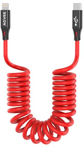 AGVEE 1.5ft Coiled Short USB-C to Lightning Charging Cable [MFI Certified] 30W PD Fast Charger Cord in Car for iPhone 14/13/12/11/XS/8/7/6/5 CarPlay, iPad, iPod, Red