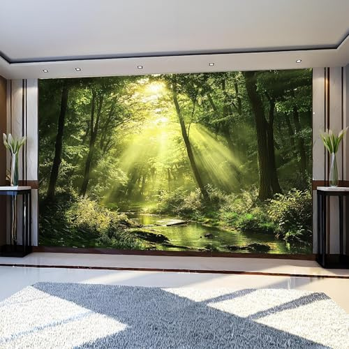 Fotomural Paisaje de arroyo forestal 300 x 210 cm Verde Papel Pintado Fotográfico Tejido No Tejido para Sala, Dormitorio u Oficina