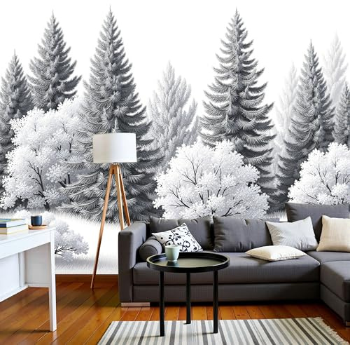 Tapete Handgezeichneter Naturwald, Pflanzenlandschaft Fototapete Wohnzimmer Schlafzimmer Tapeten, Schwarz-Weiß Wandbild Wandbild Wandtapete, Mustertapete Wanddeko 300X210Cm (B X H)