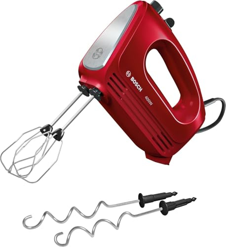 BOSCH CleverMixx Handmixer MFQ2420R, Edelstahl, 400 W, spülmaschinenfest, 4 Stufen, Turbostufe, rot
