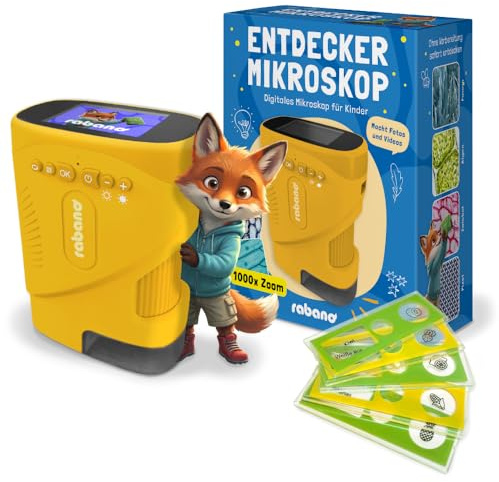 Rabano Digitales Mikroskop Kinder | Abenteuer Mikroskop für Kinder | Gelb | Tragbares Kinder Mikroskop mit 1000x Zoom und HD-Bildschirm | Digitales Mikroskop Kinder für Experimente, Garten & Zuhause