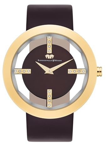 Rhodenwald & Söhne Lucrezia Damenuhr Edelstahl Gold 3 ATM verziert mit Kristallen Echtlederarmband - Fashion-Uhr Frauen Skeletonoptik