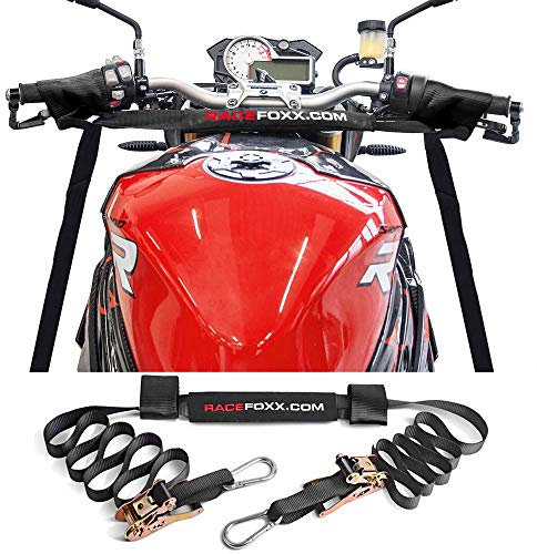 RACEFOXX Motorrad Lenker Abspanngurt mit Ratschen und Karabinerhaken,Verzurrgurt, Ratschengurt, Motorrad Transport, Ladungssicherung, Motorradtransport, Motorradlenker