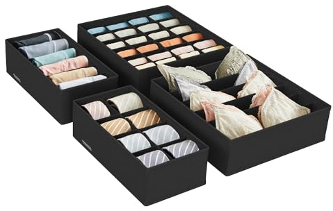SONGMICS Unterwäsche-Organizer 4er Set, Schubladen-Organizer, faltbar, Ordnungssystem Kleiderschrank, Aufbewahrungsbox Schrank, Stoffboxen Aufbewahrung, für BHs, Socken, Krawatten, schwarz RUS04H
