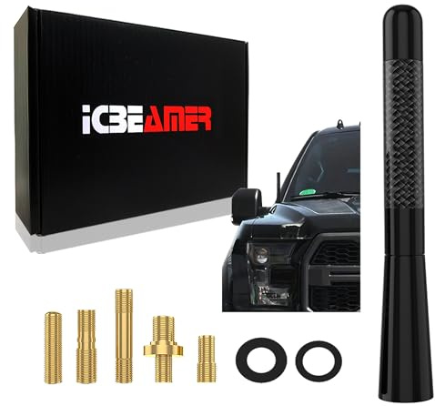 [2024 Upgraded] ICBEAMER 5 Carbon Fiber & Matte Black Short Antenna – Polished Aluminum, Internal Copper Coil – Universal AM/FM Radio Replacement for Cars, Trucks & Vans