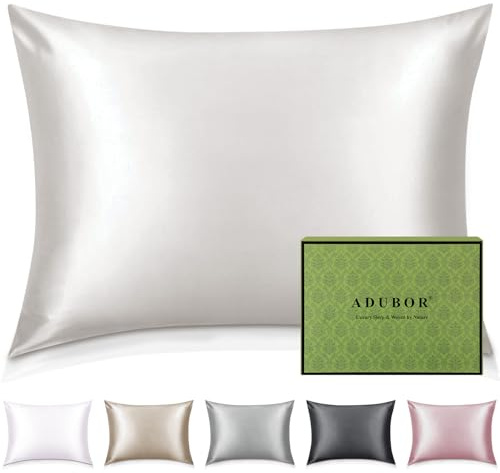 Adubor 100% Silk Pillowcase - Mulberry Silk Pillow Cases, 22 Momme 6A Grade Fibers, Silk Pillow Case for Hair and Skin Health, with Hidden Zipper (Standard 20''×26'', Lvory White, 1PC)