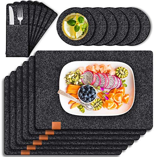 Tendak Platzset Tischset, 18er Set Premium Tischsets Abwaschbar Platzsets aus Filz, Platzdeckchen mit Untersetzer, BestecksäCken, Tischset Filz für Küche, Speisetisch, 44x32cm - Anthrazit