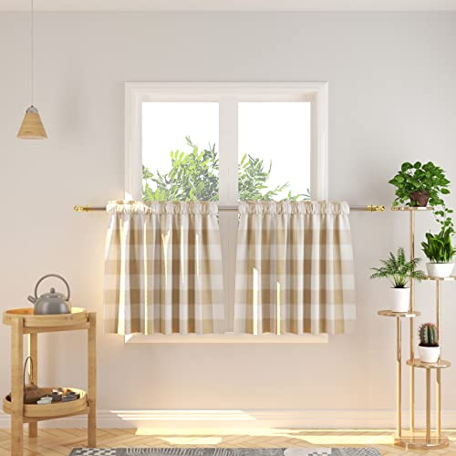 Natus Weaver Buffalo Karierte Küchen-Vorhänge, 61 cm lang, kariert, Gingham-Stangentasche, Klassische Café-Vorhänge, Landhausstil, Küche, Halbfenstervorhänge, 2 Paneele, Beige und Weiß
