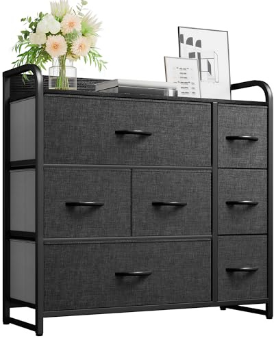 YITAHOME Kommode mit Schubladen, Schrank mit 7 Schubladen aus Stoff, Aufbewahrungskommode Industrial Stil für Schlafzimmer, Wohnzimmer, Kinderzimmer, Flur, Aufbewahrungsschrank (Schwarzgrau)