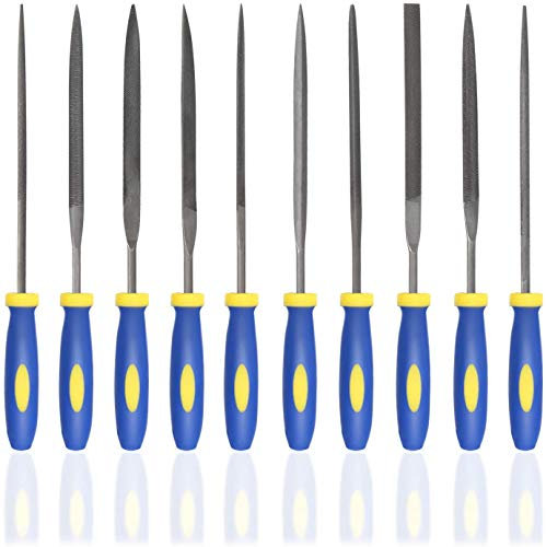 KALIM 10PCS Needle File Set High Carbon Steel File Set with Plastic Non-Slip Handle, Hand Metal Tools for Wood, Plastic, Model, Jewelry, Musical Instrument and DIY (6 Inch Total Length)