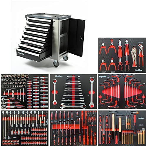 Mephisto XXL Werkzeugwagen Werkstattwagen mit 8 Schubladen Davon 7 mit Werkzeug wie Schraubenschlüssel, Ratsche mit Nusskasten, Schraubendreher usw. in Soft Inlays in Carbonoptik gefüllte Schubladen