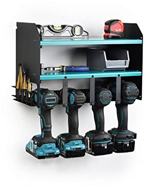 MegaMaxx Power Tool and Drill Storage Unit Charging Station for 4 Tools and 2 Shelf - Wall Mount Toolbox and Accessories Rack Cabinet for Workshop, Garage, Shed, Van, Drill Driver