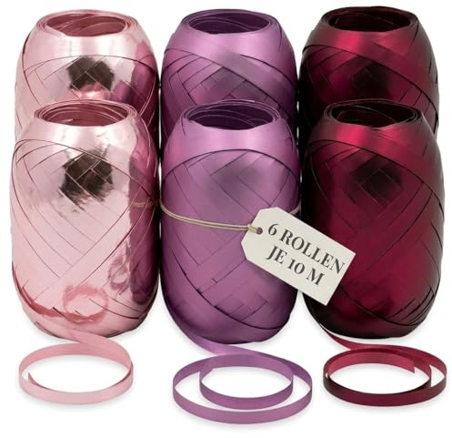 Set Ringelband Polyband Geschenk-Band Geschenkschleifen zum Basteln und Verpacken - glänzend & matt sortiert (rosa - dunkelrot - violett, 6 Rollen Geschenkband je 10m)