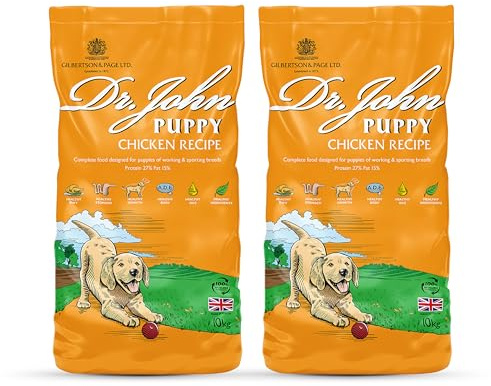 Dr John Dry Puppy Food 20kg (2 x 10kg) with Omega-3s - Chicken Recipe - Complete Nutrition for Puppies of Sporting Active Breeds - Junior High Protein Dry Dog Food