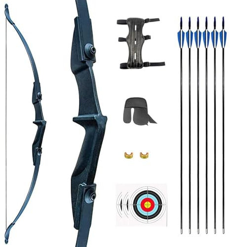 53 Recurvebogen Set für Anfänger 30-40lbs Bogen und Pfeile Set mit 6 Glasfaserpfeile Linke und rechte Hand Recurvebogen für Erwachsene und Jugendliche Anfänger (30lbs, Schwarz Set)