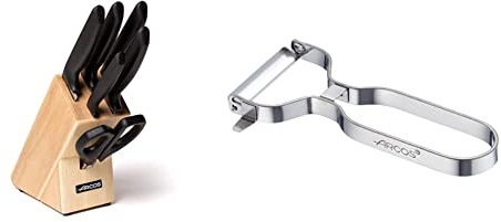 Arcos Serie Niza - Juego de Cuchillos de 6 piezas (5 Cuchillos + 1 Tijeras),color Marrón & Gadgets Profesionales, Pelador de Frutas Pelador de Verdura, Acero Inoxidable Cromado, Color Plata, 110 mm
