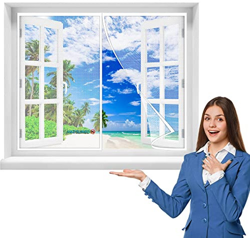 Fliegengitter Insektenschutz, 250 x 240 cm Fenster Rollo Insektenschutzrollo Ohne Bohren Kinderleichte Klebemontage(Weiß)