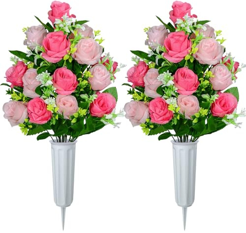 XONOR Artificial Cemetery Flowers, Set of 2 Artificial Rose Bouquet Graveyard Memorial Flowers with Vase for Cemetery Headstones Decoration (Pink-2Pcs)