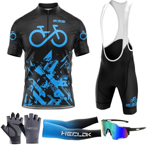Radtrikot Set Herren Kurzarm Schnell Trocknend Atmungsaktiv Fahrradbekleidung＋Fahrradtrikot Trägerhose mit Sitzpolster 9D，für MTB Rennrad Fahrrad Jersey (TYP-3,M)