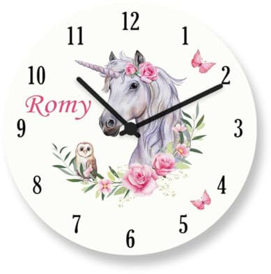 Faramosa Personalisierte Wanduhr Einhorn Eule Rosen Kinderuhr Mädchen Geschenk mit Name