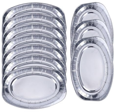 LAWALEISHE 10 Pack Aluminium Foil, Silver Embossed Food Platter Set, Reusable Serving Platters for Parties, 35.2x24.7cm, Oven and Freezer Safe