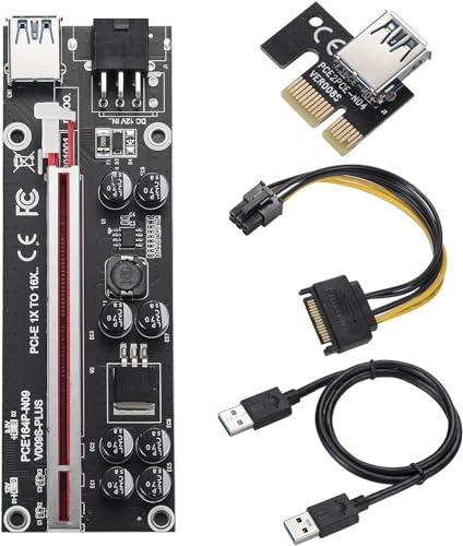 YABOANG Ver009S-plus PCI-E Riser 1x to 16x for Bitcoin ETH Coins Mining Powered Riser Adapter Card, 8 Fixed Capacitors, GPU Crypto Currency Cable with USB Power Cable, 1 Pack