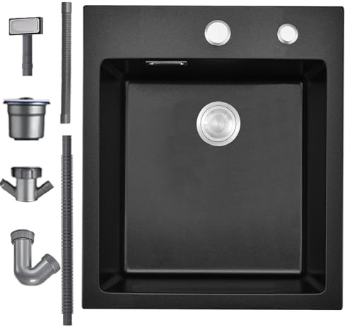 Bokaiya Fregadero Cocina Negro 40 X 45 cm, Fregadero Cocina 1 Seno, Fregadero Granito Con Rebosadero, 2 Orificios Para Grifo Y Sifón, Adecuado Para Estaciones de Cocina