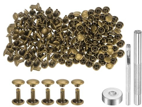QUARKZMAN 200 Sets Leder Nieten 7mm x 8mm Metall Doppelkappe Nieten Druckknöpfe mit 3 Stück Werkzeugen zum Setzen von Nieten für Lederhandwerk DIY Reparatur Dekoration, Bronze