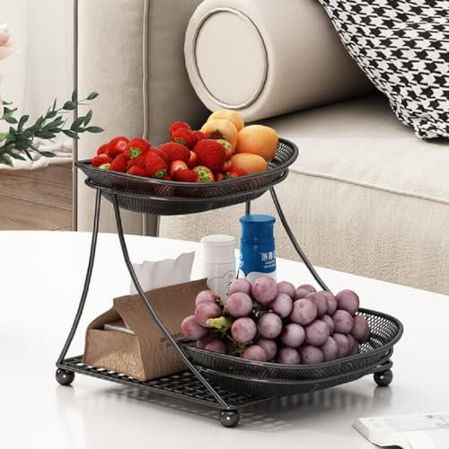 JUNYFFF Fruit Bowl, Tiered Fruit Basket – 25X23x22cm – Modern Fruit Bowl Large 2 Tier – Fruit Basket Etagere in Metal for Keeping Fruit, Vegetables And Bread Keeps Fruits Fresh,Black