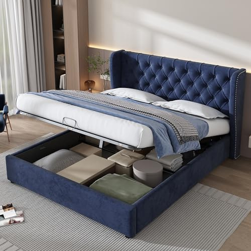 Merax Upholstered Bed Frame with Hydraulic Lift, 4FT6 Double Bed Frame with Storage, Functional Ottoman Bed, Sturdy Construction, Without Mattress, Elegant Velvet Finish, Blue, 135x190cm