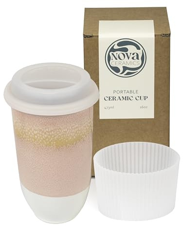 NOVA CERAMICS Travel Mug On the Go Coffee Mug Microwave & Dishwasher Safe Green Tumbler - Gifts For Women Men 16oz Afterglow