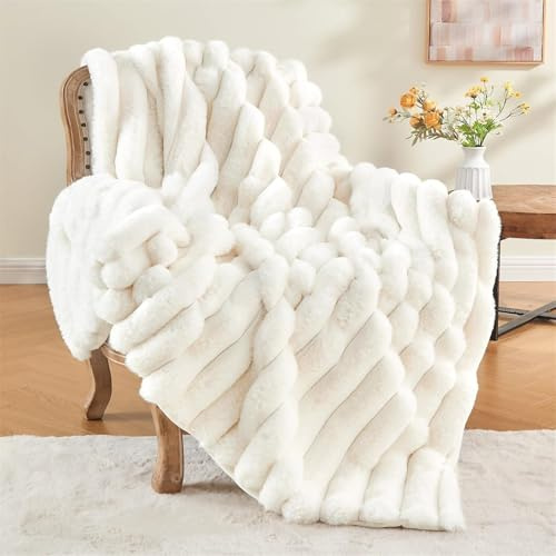LINGKY Kuscheldecke Flauschig Decke 160x200 Weiß, Kaninchen Kunstfell Decke Plüsch, Wohndecke Dick Flanell Couchdecke Warme Überwurfdecke Sofadecke Blanket für Bett Sofa Schlafzimmer Büro