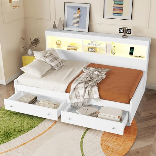 Kebnor 90 * 200cm Daybett, Schlafsofa, Nachtkästchen, mit 2 USB- und 2 Ladebuchsen, Ambiente-Beleuchtung, Bett mit Zwei Schubladen, Bett mit Lattenrost (ohne Matratze), Spanplatte (Weiß)