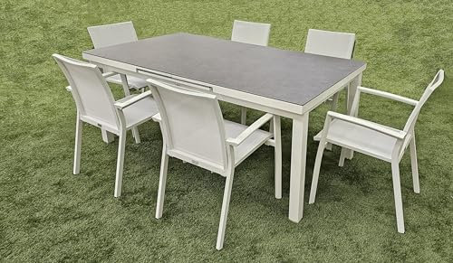 ZENIT ENERGY Teico Group 7-TLG. Alu Gartenmöbel Set Esstischgruppe weiß ausziehbarer Tisch mit stapelbaren Stühlen