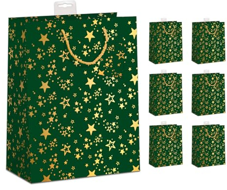 PremiumLine Geschenktüten Weihnachten Groß, 6 Stück | Hochwertig beschichtet & mit Beschriftungskarte | Sehr Stabil, Verstärkter Boden & Rand | FSC® Karton 210 g/m² | DIN A4 (26x32x12cm)