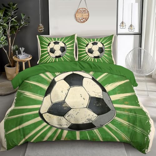 Housse de Couette ballon de football rétro vert 140x200CM Parure de Lit 2 Personnes en Microfibre avec Fermeture Éclair, Parure Housse Couette Adulte sportif Unie avec 2 d'oreiller 65x65 cm