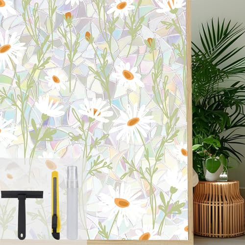 Maritown Window Film Privacy Rainbow Static Cling Window Film Plants Flowers Patterned Stained Glass Decorative Window Covering Stickers Films for Bathroom Kitchen Glass Windows Doors