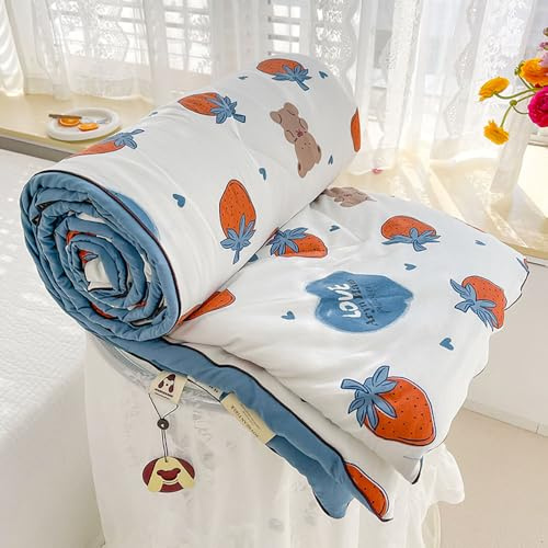 DOTBUY-SHOP Quilted Bedspreads, Flowers Prints Quilt Bed Throws Cotton Filling Duvet Super King Single Double Size Children's Bed Quilted Throw for All Season (Strawberry,150x200cm)