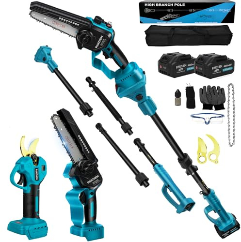 Akku Astschere Hochentaster 6 Zoll Mini Astsäge mit Akku und Ladegerät | 45 mm Elektrische Gartenschere 4 in 1 21V 4000mAh Elektrische Baumschere Astschere HandKettensäge Teleskop stange für Garten
