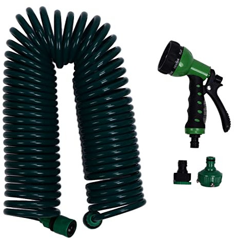 Coil Garden Water Hose EVA Telescopic Spring Tube 7 Modes High Pressure Soft Level for Watering Plants Gardens Lawns Car Wash 15m 49.2ft Long Quick Connector