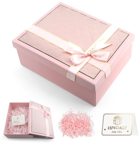 GOTFUN Geschenkbox mit Deckel, 25x18x9cm Faltbare Geschenkkarton mit Grußkarte und Raffia, Wiederverwendbar Geschenkverpackung Box für Hochzeiten, Geburtstage, Jubiläen (Rosa)