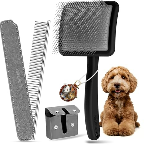 YOYUPETA Zupfbürste & Hundebürste für Hund & Katze (Langhaar) – Profi Fellkamm, 25mm Pins & PU-Leder Etui – Löst Unterwolle, Knoten & Filz – Für Golden Retriever, Havaneser, Maine Coon – Schwarz