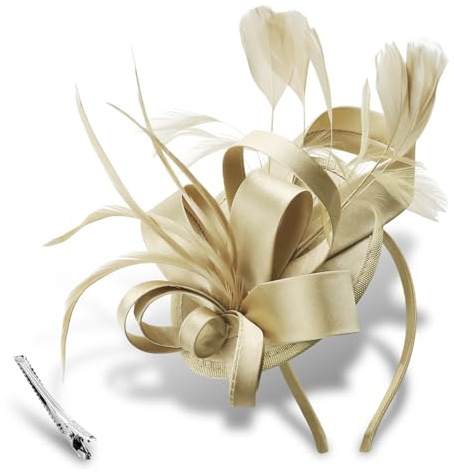Fascinators Hats, Wedding Hats for Women with Ribbons & Feathers, with Headband and Clip, Elegant Hatinator Style for Cocktail Tea Party, Race, Church & Special Occasions Champagne/Gold