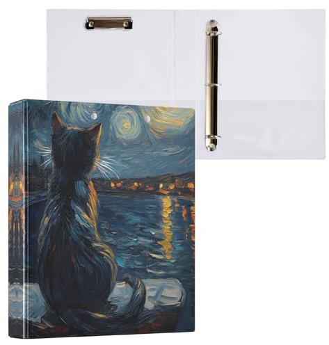 Reiacy Ring Binder, Starry Night Cat 3 Ring A4 Binders with Clip Hold 200 Sheets, Large D-Ring File Organizer for Home School Office Supplies