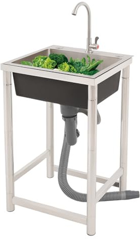 Lavello da cucina autoportante per esterni, in acciaio inox, 45 x 40 x 22 cm, mobile con cestello filtro, lavello multifunzione con rubinetto, per campeggio, giardino, balcone e ristorante