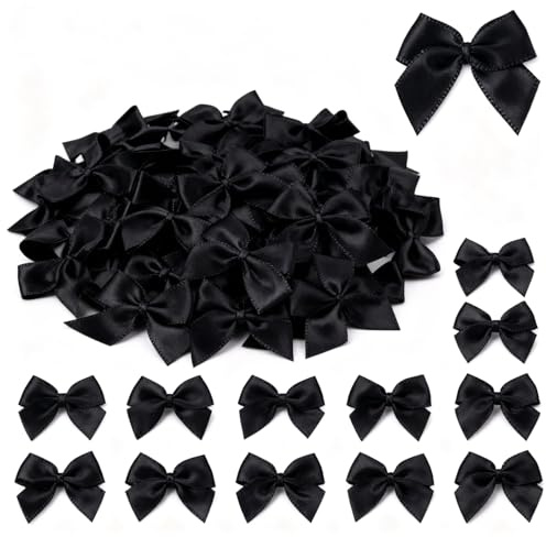 100 Stück Mini Satinband Schleifen 2,5cm Stoff Satinschleife Miniatur Schleifen Winzige Vorgefertigte Geeignet für DIT Basteln Haarschmuck Geschenkverpackung (Schwarz)