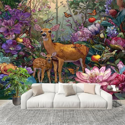 Generico Art Carta da parati Fotografica 300x210 cm Fiori Di Bosco Cervi Fotomurali in Tessuto non tessuto Antimacchia e Antimuffa Colorato XXL Poster Gigante Muro Carta da parati